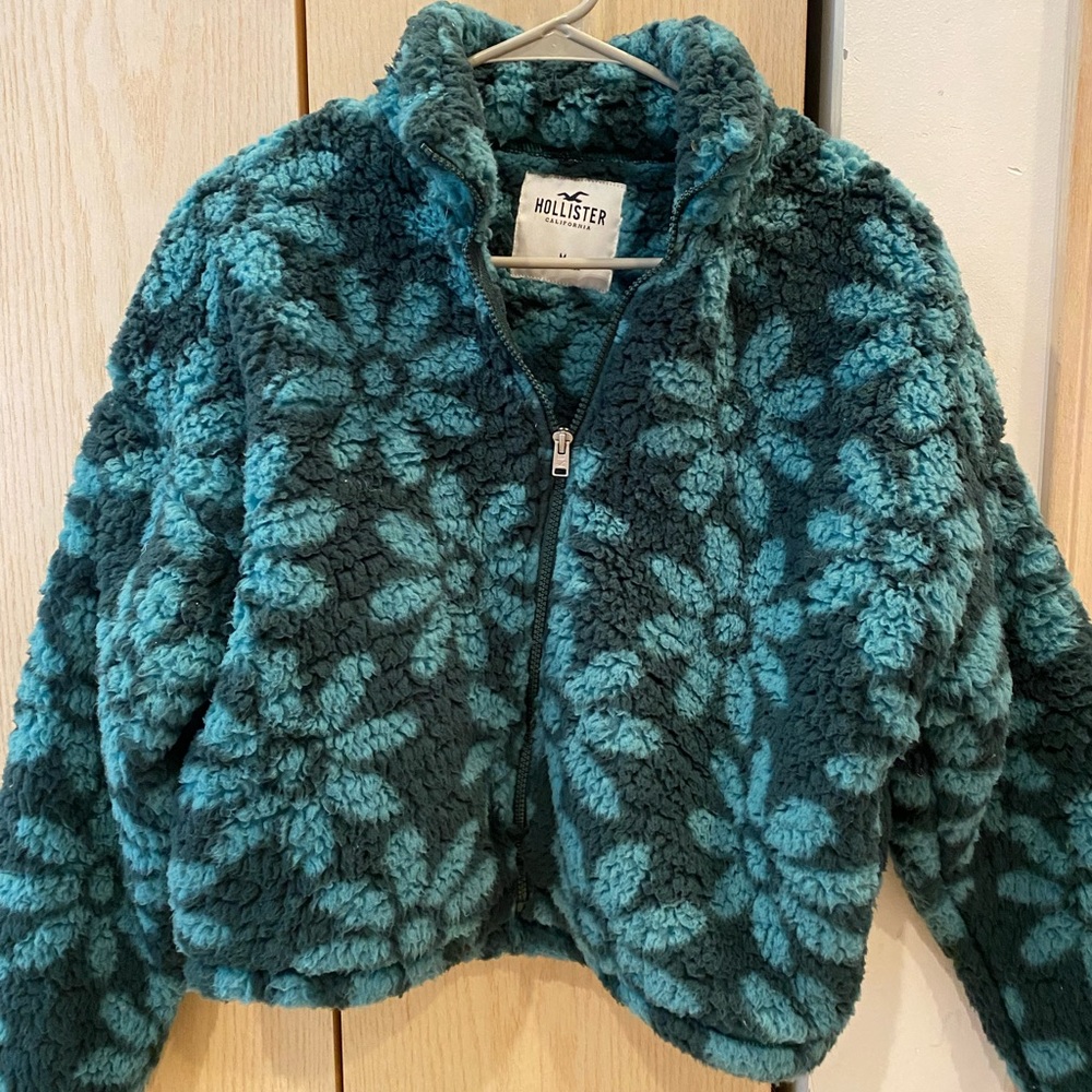 Hollister Teal and Green Floral Sherpa Jacket